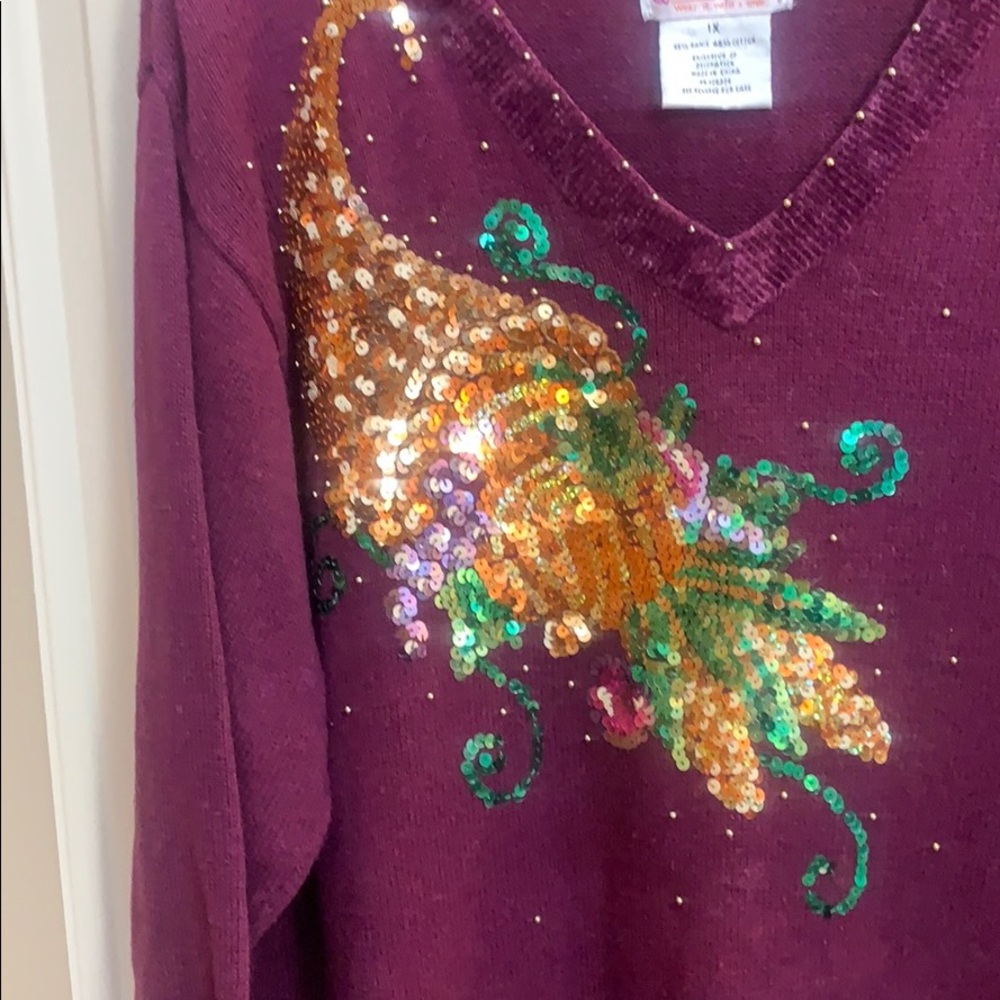 QF sweater with large sequined cornucopia.  1X